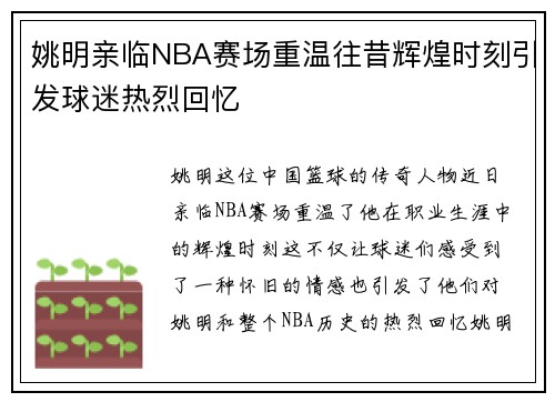 姚明亲临NBA赛场重温往昔辉煌时刻引发球迷热烈回忆